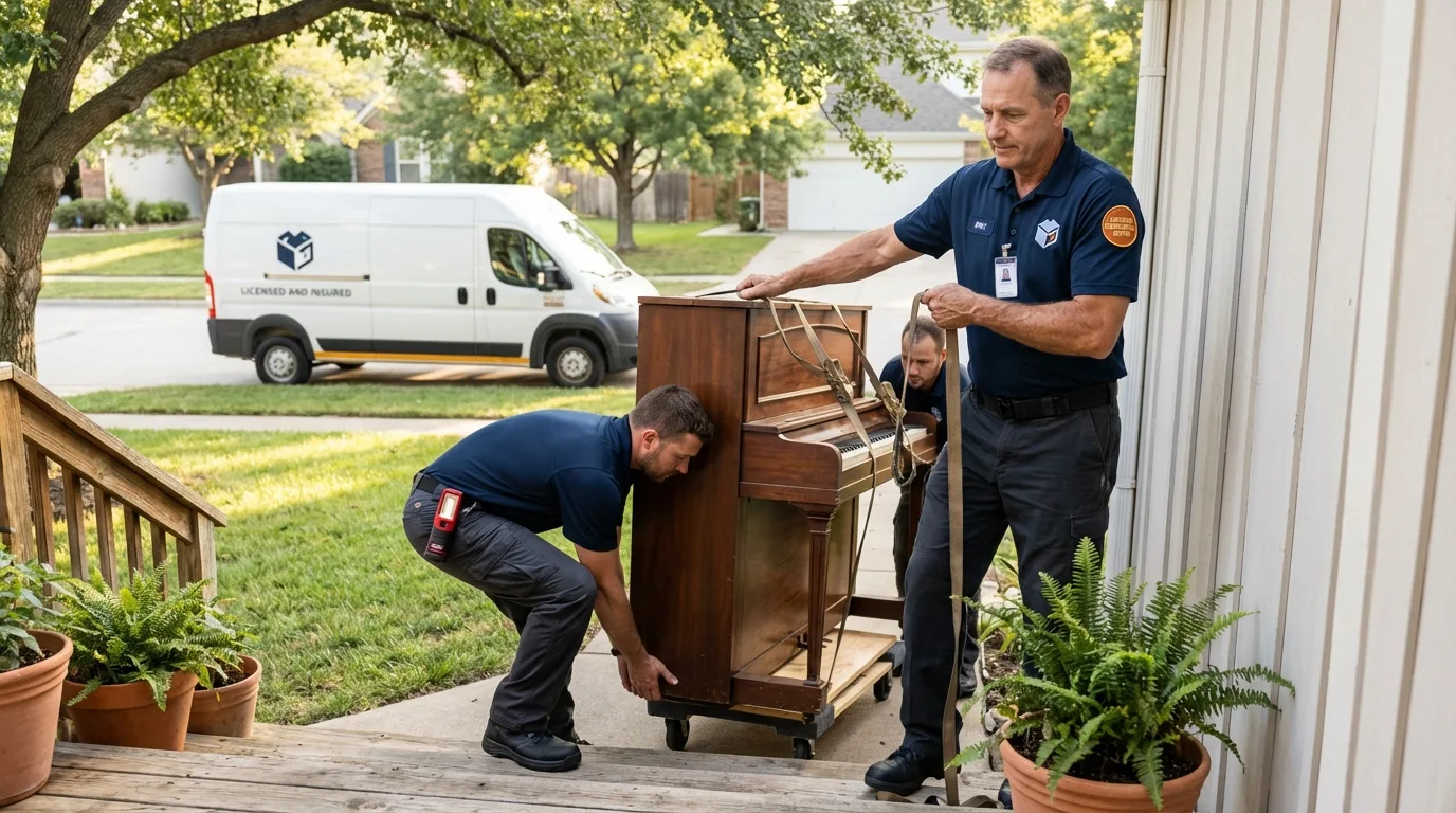 Licensed piano movers securing grand piano in Mineral Springs, NC