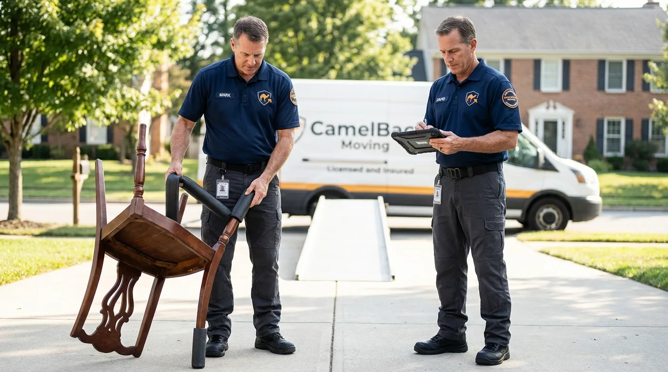 Movers inspecting furniture for damage prevention before loading in Mineral Springs, NC