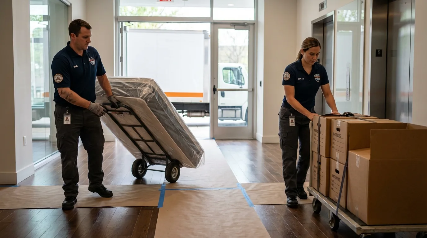 Professional apartment movers loading elevator in Mineral Springs, NC