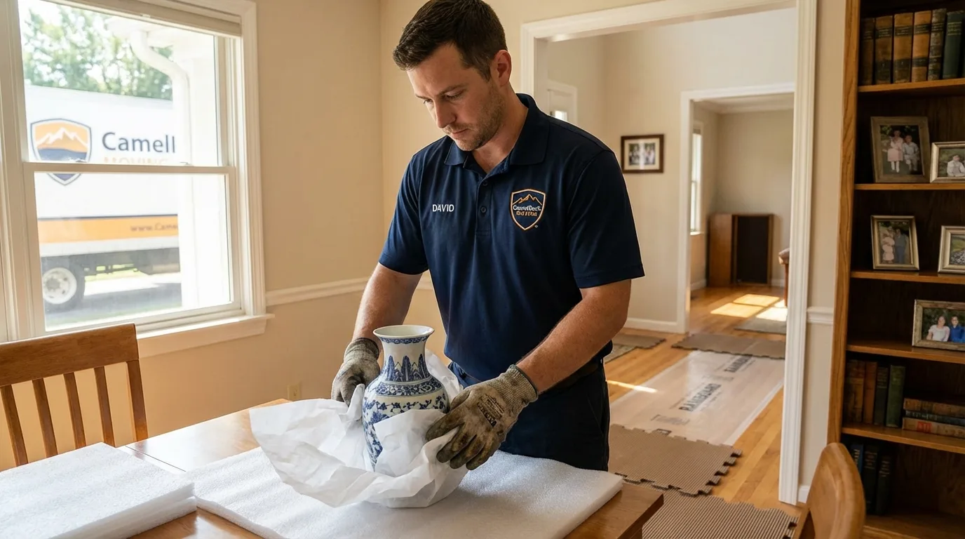 Professional crew carefully wrapping antique vase for senior downsizing move in Mineral Springs, NC