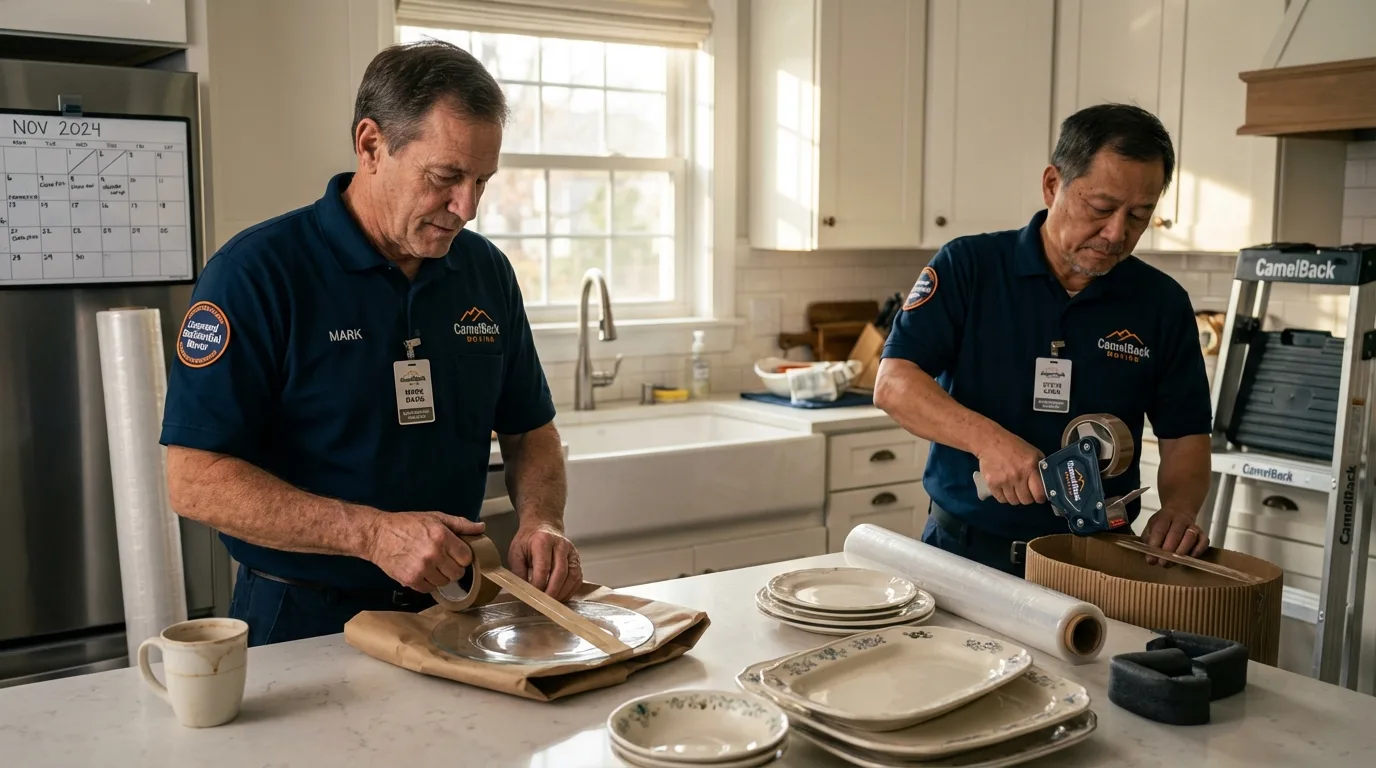 Professional crew packing kitchen dishware in Mineral Springs, NC